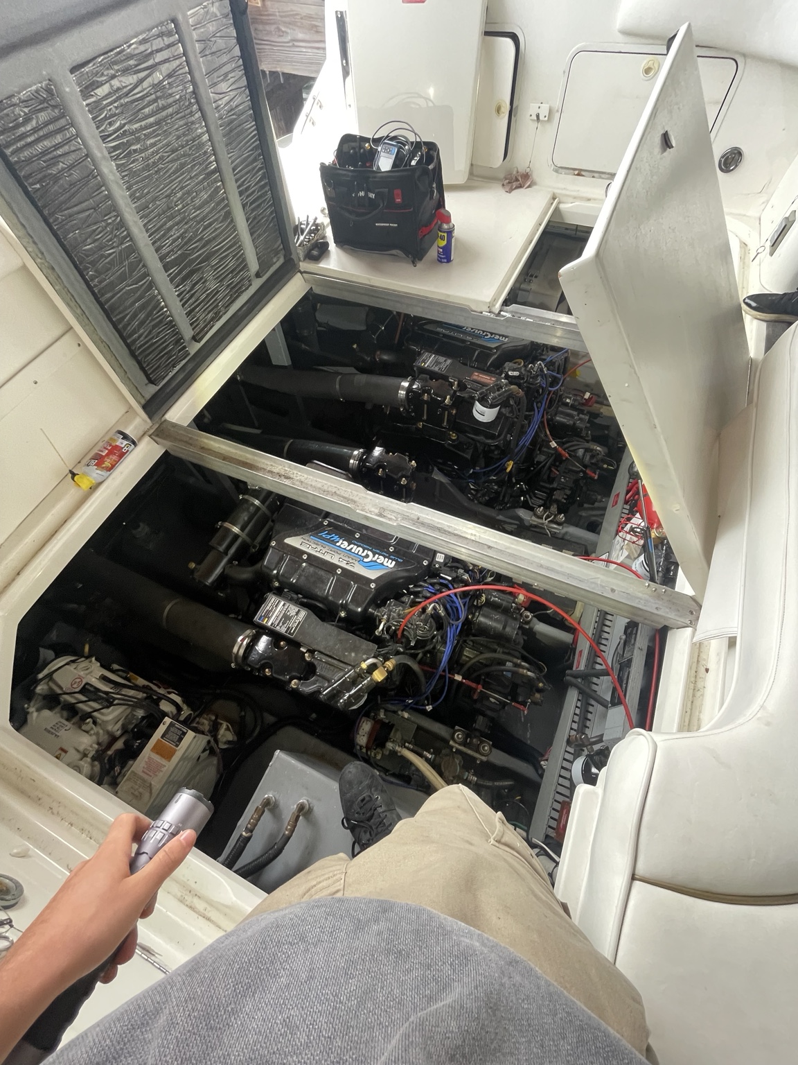 Twin MerCruiser engine room during mobile marine service